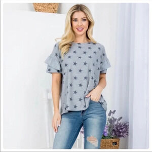 Chris & Carol Star Print Ruffle Sleeve Top — Gray Blue Patriotic Tee